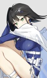  abigail_(black_survival) ahoge belt belt_pouch black_hair black_survival blue_bodysuit blunt_bangs bodysuit breasts cape cloak covered_mouth earrings eternal_return:_black_survival female green_eyes hair_between_eyes hair_ornament hairclip highres jewelry large_breasts long_sleeves looking_at_viewer medium_hair pouch solo syhan thigh_strap thighs upper_body white_background white_belt white_cape white_footwear 