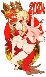  2024 absurdres ahoge bare_shoulders barefoot bikini blonde_hair body_writing braid breasts criss-cross_halter crown facial_mark fate/grand_order fate_(series) female french_braid full_body hair_bun hair_intakes hair_ornament hair_ribbon halterneck highres long_hair looking_at_viewer navel nero_claudius_(fate) open_mouth outstretched_arm pointy_ears queen_draco_(fate) red_bikini red_eyes red_ribbon ribbon small_breasts solo swimsuit translated wr_(karakusa_senbei) 