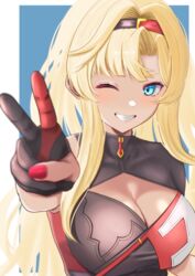  ;) asymmetrical_bangs black_gloves blonde_hair blue_background blue_eyes blurry border breasts cleavage_cutout clothing_cutout commentary female foreshortening gloves granblue_fantasy hairband highres hilda_sakura large_breasts long_hair looking_at_viewer one_eye_closed outside_border parted_lips post_guild_war_celebration red_gloves red_nails smile solo two-tone_gloves two-tone_hairband upper_body v white_border zeta_(granblue_fantasy) zeta_(grand)_(granblue_fantasy) 