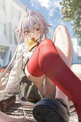  black_footwear black_skirt bread bread_slice breasts brown_eyes fate/grand_order fate_(series) female food grey_hair highres jeanne_d&#039;arc_alter_(avenger)_(fate) jeanne_d&#039;arc_alter_(fate) large_breasts loafers long_sleeves looking_at_viewer mouth_hold nanaken_nana panties pantyshot red_thighhighs school_uniform shirt shoes short_hair single_thighhigh sitting skirt solo thighhighs toast underwear upskirt white_panties white_shirt 