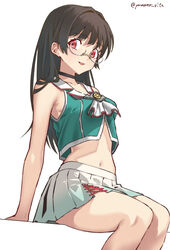  absurdres arm_support black_choker black_hair breasts choker choukai_(kancolle) choukai_kai_ni_(kancolle) collarbone crop_top female from_side glasses highres kantai_collection long_hair looking_at_viewer medium_breasts midriff miniskirt navel neckerchief open_mouth red_eyes rimless_eyewear sailor_collar school_uniform serafuku simple_background sitting skirt smile solo white_background white_neckerchief white_sailor_collar white_skirt yamano_rita 