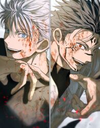  2boys absurdres black_hair bleeding blood blood_in_hair blood_on_clothes blood_on_face blood_on_hands blue_eyes bruise cuts extra_eyes facial_tattoo forehead_tattoo fushiguro_megumi gojou_satoru highres injury jujutsu_kaisen looking_at_viewer male_focus multiple_boys open_mouth red_eyes ryoumen_sukuna_(jujutsu_kaisen) shirt short_hair smile spiked_hair tattoo upper_body white_background white_hair yoon_(dmsco1803) 