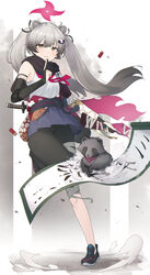  animal animal_ears bandaged_leg bandages bare_shoulders black_footwear black_gloves black_hair black_shorts blue_archive blue_skirt brown_eyes ciza_gomi closed_mouth commentary_request dust female floating_hair gloves gradient_hair grey_hair gun halo hand_up highres holding holding_gun holding_weapon kuji-in long_hair looking_at_viewer mask mask_on_head michiru_(blue_archive) multicolored_hair ninja partially_fingerless_gloves pleated_skirt raccoon scroll shirt shoes short_eyebrows shorts shotgun_shell skirt sleeveless sleeveless_shirt solo tail thick_eyebrows twintails very_long_hair weapon white_shirt 