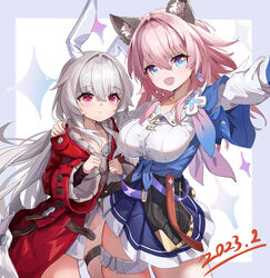  2girls :d absurdres animal_ears blue_eyes blue_jacket blue_skirt breasts clara_(honkai:_star_rail) coat commentary_request cowboy_shot dated freeeeeeeeeee grey_hair highres honkai:_star_rail honkai_(series) jacket large_breasts long_hair long_sleeves looking_at_viewer march_7th_(honkai:_star_rail) march_7th_(preservation)_(honkai:_star_rail) miniskirt multiple_girls no_panties open_mouth parted_lips pink_eyes pink_hair rabbit_ears red_coat shirt skirt smile standing thigh_strap thighs very_long_hair white_shirt wide_sleeves wolf_ears 