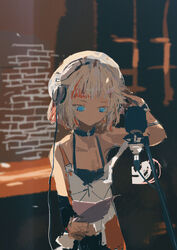  absurdres black_camisole black_collar blonde_hair blue_eyes blunt_bangs blurry blurry_background bracelet brick_wall camisole cevio closed_mouth collar commentary detached_sleeves expressionless female film_grain hair_flaps hand_on_headphones hand_up highres holding jewelry kabuyama_kaigi looking_down microphone multicolored_hair one_(cevio) orange_hair reading recording_studio script short_hair single_detached_sleeve solo standing strap_slip streaked_hair studio_microphone upper_body white_camisole 