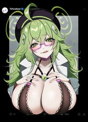  blush breasts clara_(project_qt) cleavage english_commentary female glasses green_eyes green_hair hacker hands_on_own_breasts highres huge_breasts lab_coat licking_lips like_and_retweet long_hair looking_at_viewer project_qt smile solo tofuubear tongue tongue_out tweet twitter twitter_verified_checkmark twitter_x_logo 