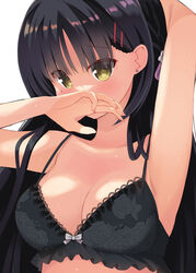  arm_up armpits black_bra black_hair blush bra breasts cafe_stella_to_shinigami_no_chou cleavage collarbone commentary covering_own_mouth earrings eyes_visible_through_hair female fingernails floral_print frilled_bra frills hair_between_eyes hair_ornament hair_over_shoulder hairclip hand_up highres jewelry long_hair looking_at_viewer medium_breasts minase_kaya mole mole_under_eye parted_bangs presenting_armpit rose_print shiki_natsume shy simple_background solo stud_earrings sweat underwear underwear_only upper_body white_background yellow_eyes 