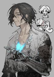  1boy arm_at_side artist_name black_blood black_hair black_pants blood blood_on_clothes blood_on_face blood_on_hands blue_butterfly blue_eyes bug butterfly collarbone collared_shirt feline freckles frilled_shirt frills grey_background half-closed_eyes highres kumashige lies_of_p long_sleeves looking_at_viewer male_focus mechanical_arms multiple_views open_clothes open_shirt pants pinocchio_(lies_of_p) scratches scratching shirt shirt_tucked_in short_hair simple_background single_mechanical_arm twitter_username upper_body white_shirt 