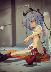  1other absurdres arm_on_knee asymmetrical_footwear black_footwear blue_hair blurry blurry_background boots closed_mouth colored_tips commentary_request dot_mouth expressionless film_grain full_body gynoid_talk hair_flaps highres hikimayu horns kabuyama_kaigi knee_up looking_at_viewer meika_mikoto mismatched_footwear multicolored_hair parking_block parking_lot pink_eyes pink_hair raised_eyebrows red_footwear red_skirt sailor_collar shirt sitting sitting_on_object skirt sleeveless sleeveless_shirt solo streaked_hair vignetting vocaloid white_sailor_collar white_shirt 