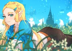  1girls ass blonde_hair blush_lines breath_of_the_wild fully_clothed hanabelink hylian laying_on_stomach leggings looking_at_viewer nintendo pointy_ears princess_zelda the_legend_of_zelda thick_ass zelda_(breath_of_the_wild) 