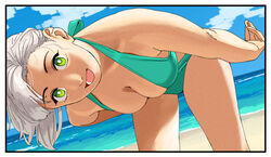  alternate_costume aqua_bikini bare_shoulders beach bikini blue_sky blush breasts cleavage cloud cloudy_sky cowboy_shot female green_eyes grey_hair highres kantai_collection kinugasa_(kancolle) large_breasts leaning_forward looking_at_viewer ocean ojipon open_mouth sand sky smile solo swimsuit water 