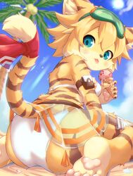  animal_ear_fluff animal_ears arm_strap ass barefoot beach bikini bikini_skirt blonde_hair blue_eyes blue_sky blush body_fur bow chromatic_aberration dated day feet female food furry furry_female goggles goggles_on_head highres ice_cream ice_cream_cone knife looking_at_viewer mia_(world_flipper) outdoors palm_tree pawpads piporinton red_bow see-through see-through_skirt sidelocks sitting skirt sky solo sun sunlight swimsuit tail tail_bow tail_ornament thigh_sheath tiger_ears tiger_girl tiger_tail toes tongue tongue_out tree twitter_username wariza white_bikini world_flipper 