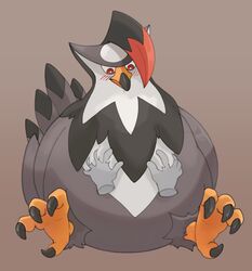  2023 ambiguous_gender avian beak belly belly_rub belly_squish big_belly biped bird black_body black_feathers black_hair blush brown_background digital_drawing_(artwork) digital_media_(artwork) duo feathers feet feral front_view generation_4_pokemon grey_body grey_feathers hair hand_on_belly hi_res highlights_(coloring) looking_down multicolored_body multicolored_feathers nintendo overweight overweight_ambiguous overweight_feral pokemon pokemon_(species) red_eyes red_highlights simple_background sitting solo_focus squish staraptor tail tail_feathers talons toes white_body white_feathers xeniyy 