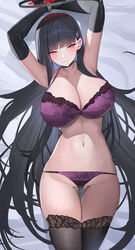  armpits arms_up ass_visible_through_thighs black_choker black_gloves black_hair black_thighhighs blue_archive blunt_bangs blush bra breasts bright_pupils choker cleavage closed_mouth collarbone commentary_request cowboy_shot elbow_gloves female gloves hair_ornament halo highres large_breasts long_hair navel panties pink_pupils purple_bra purple_panties red_eyes rio_(blue_archive) shougun_(chuckni1) solo stomach thighhighs thighs underwear 