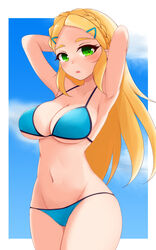  ayatori big_breasts bikini blonde_hair breasts cleavage green_eyes long_hair nintendo pointy_ears princess_zelda the_legend_of_zelda thick_thighs zelda_(breath_of_the_wild) 