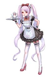  :o alternate_costume apron black_dress black_gloves bow dress enmaided female frilled_apron frills garter_straps gloves hairbow hand_on_own_hip highres holding holding_tray leaning_forward long_hair maid maid_apron overlord_(maruyama) pink_footwear puffy_short_sleeves puffy_sleeves red_bow red_eyes shalltear_bloodfallen short_sleeves solo teeth thighhighs tray tsugu0302 twintails upper_teeth_only very_long_hair white_apron white_thighhighs 