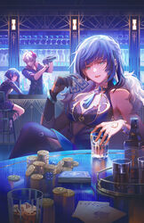  2boys ace_(playing_card) ace_of_spades ahoge alcohol bar_(place) bare_shoulders belt blonde_hair blue_eyes blue_hair bob_cut braid breasts card center_opening chair cleavage closed_eyes closed_mouth coin commentary crossed_legs cup diagonal_bangs dice earrings english_commentary female fur gambling genshin_impact glass gloves gold_coin gold_trim green_eyes half_gloves hand_up highres holding holding_card ice ice_cube indoors jack_(playing_card) jack_of_spades jessica_wijaya jewelry king_(playing_card) king_of_spades liquor looking_at_viewer looking_back mask mask_on_head medium_breasts money mora_(genshin_impact) multiple_boys open_mouth playing_card power_connection queen_(playing_card) queen_of_spades reflection royal_flush shadow single_bare_arm smile spade_(shape) standing tartaglia_(genshin_impact) tassel teeth ten_of_spades upper_teeth_only v-shaped_eyebrows watch xingqiu_(genshin_impact) yelan_(genshin_impact) 