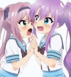  2girls black_bow blue_eyes blue_sailor_collar blue_skirt blush bow catfight commentary_request eye_contact fingernails green_eyes grey_background hair_between_eyes hair_intakes hair_ribbon hands_up highres interlocked_fingers long_hair looking_at_another looking_at_viewer marehoshi_academy_school_uniform misaki_sango multiple_girls oerba_yun_fang open_mouth pleated_skirt purple_hair re:stage! ribbon sailor_collar school_uniform serafuku shirt short_sleeves simple_background sincos skirt tsukisaka_sayu twintails v-shaped_eyebrows very_long_hair white_ribbon white_shirt 