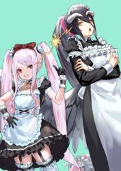  1boy 2girls ainz_ooal_gown albedo_(overlord) alternate_costume apron black_dress blush bow breasts clenched_teeth collared_dress crossed_arms dress enmaided frills garter_straps hair_ornament hairbow hand_up highres index_finger_raised large_breasts long_hair looking_at_another maid maid_apron maid_headdress multiple_girls open_mouth overlord_(maruyama) red_bow shalltear_bloodfallen sharp_teeth short_sleeves skull teeth thighhighs tsugu0302 twintails white_thighhighs wrist_cuffs 