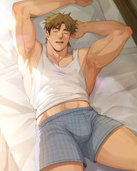  1boy alone arkapami armpit_hair armpits asleep bara bedsheets biceps blush blushing body_hair boxers boxers_(clothing) brown_hair bulge chin_pubes closed_eyes clothed clothed_male clothing cum_on_body facial_hair father forearms gagumber gagumber_(sakugan) happy_trail human human_male human_only lifted_shirt lying lying_down lying_on_back lying_on_bed male male_cleavage male_only muscles muscular_male older_male older_man on_bed open_mouth parent pecs pectorals penis_bulge pillow raised_shirt relaxing sakugan sideburns sleeping sleeping_male solo sunlight tank_top tank_top_lift tanktop thigh_hair thighs undercut underwear vest white_tank_top 