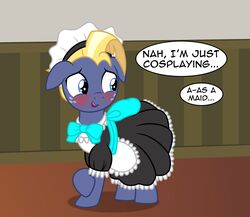  badumsquish blonde_hair blue_eyes blush bow_(feature) clothed clothing cosplay crossdressing crossplay cutie_mark dialogue embarrassed english_text equid equine freckles friendship_is_magic hair hasbro hi_res horse inside looking_at_viewer looking_away maid_apron maid_hat maid_headdress maid_uniform male mammal my_little_pony pony pose shy solo star_tracker_(mlp) text uniform 