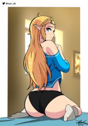  1girls 2021 ass breath_of_the_wild female female_only green_eyes highres izai_ah izaiah_(artist) long_hair looking_back nintendo panties pointy_ears pout princess_zelda shirt sitting the_legend_of_zelda wariza zelda_(breath_of_the_wild) 