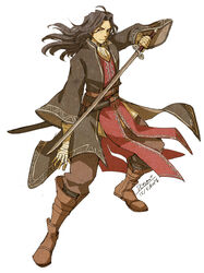  1boy black_hair dated dc9spot dunban facial_hair fire_emblem full_body highres holding holding_sword holding_weapon katana left-handed long_coat long_hair long_sleeves male_focus signature simple_background solo sword weapon white_background wide_sleeves xenoblade_(series) xenoblade_1 