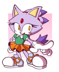  2023 absurd_res alternate_costume amy_rose anthro blaze_the_cat classic_amy_rose classic_sonic_(universe) clothing cosplay domestic_cat felid feline felis female footwear gloves handwear hi_res mammal purple_body sega shoes simple_background smile solo sonic_the_hedgehog_(series) thenovika yellow_eyes 