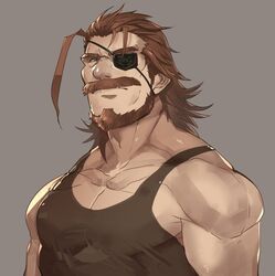  1boy bara beard brown_eyes brown_hair eugen_(granblue_fantasy) eyepatch facial_hair granblue_fantasy granblue_fantasy_(style) large_pectorals looking_at_viewer male_focus mature_male moustache muscular muscular_male old old_man pectorals rybiok solo upper_body 