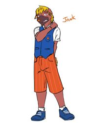  3:4 anthro anthrofied bottomwear clothed clothing footwear fully_clothed fuze generation_9_pokemon hi_res jawk_(fuze) male maschiff naranja_academy necktie nintendo orange_bottomwear orange_clothing orange_necktie orange_shorts pokemon pokemon_(species) pokemorph school_uniform shoes shorts simple_background socks solo text uniform white_background 