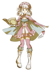  adapted_costume blue_eyes book boots breasts cape cleavage dated dc9spot dress english_commentary female fire_emblem gat gloves highres holding holding_book holding_weapon melia parted_lips pink_legwear short_dress signature silver_hair simple_background small_breasts solo standing thighhighs weapon white_background white_footwear xenoblade_(series) xenoblade_1 