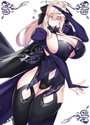  alternate_breast_size alternate_costume artoria_pendragon_(fate) artoria_pendragon_(lancer_alter)_(fate) black_cape black_leotard black_ribbon black_thighhighs blonde_hair blue_dress blush breasts bridal_gauntlets cape cleavage coattails cosplay dress fate/stay_night fate_(series) female hair_between_eyes hair_ribbon highres huge_breasts juliet_sleeves layered_clothes leotard long_hair long_sleeves looking_at_viewer navel open_mouth ponytail puffy_sleeves ribbon saber_alter saber_alter_(cosplay) sideboob sidelocks simple_background solo thick_thighs thighhighs thighs w watosu white_background yellow_eyes 