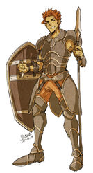  1boy armor dated dc9spot english_commentary fire_emblem grin highres holding holding_shield holding_spear holding_weapon male_focus orange_legwear plate_armor polearm red_hair rein_(xenoblade) shield signature simple_background smile solo spear weapon white_background xenoblade_(series) xenoblade_1 