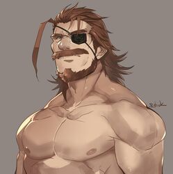  1boy bara beard brown_eyes brown_hair eugen_(granblue_fantasy) eyepatch facial_hair granblue_fantasy granblue_fantasy_(style) large_pectorals looking_at_viewer male_focus mature_male moustache muscular muscular_male old old_man pectorals rybiok solo topless_male upper_body 