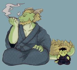  2016 aged_down anthro asian_clothing beard blush closed_eyes clothing dragon duo east_asian_clothing facial_hair father_(lore) father_and_child_(lore) father_and_son_(lore) japanese_clothing male mamaito morenatsu mythological_creature mythological_scalie mythology nose_steam parent_(lore) parent_and_child_(lore) parent_and_son_(lore) scalie simple_background smoke smoking smoking_pipe son_(lore) tail tappei_(morenatsu) tatsuki_(morenatsu) young yukata 