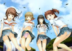  4girls aihara_nana black_hair blonde_hair blush brown_eyes brown_hair cleavage embarrassed fomalhaut futami_eriko hoshino_yuumi kimi_kiss kimi_kiss long_hair mizusawa_mao navel open_mouth oppai panchira pantsu pink_panties school_uniform schoolgirl serafuku shirt_lift short_hair skirt skirt_lift skirt_pull surprised tagme tanaka_shoutarou twintails upskirt white_panties wind wind_lift 