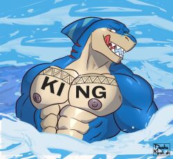  abs anthro blue_body blue_fur draha_kyoshi fish licking_own_lips looking_down marine multicolored_body multicolored_fur nipples nux nux_shark nux_thairon ocean on_water open_mouth pecs shark shark_fin shark_teeth tan_body tan_fur tattoo teeth_showing tongue_out water yellow_eyes 