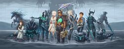  3boys 4girls 6+others :t absurdres aged_up agro_(shadow_of_the_colossus) baby backpack bag bandaged_head bandages black_bodysuit black_hair black_horns blue_horns bodysuit braid broken_horn brown_hair cenobia_(shadow_of_the_colossus) cloak colored_skin creator_connection crossover dark-skinned_male dark_persona dark_skin death_stranding digital_dissolve dirge_(shadow_of_the_colossus) dzeta eating english_commentary gaius_(shadow_of_the_colossus) grey_skin highres holding holding_sword holding_weapon hood hood_up hooded_cloak horns horse humanization hydrus_(shadow_of_the_colossus) ico ico_(character) lizard long_braid making-of_available malus_(shadow_of_the_colossus) mono_(shadow_of_the_colossus) mother_and_son multiple_boys multiple_crossover multiple_girls multiple_others neck_tattoo one_eye_covered parasol parody personification quadratus_(shadow_of_the_colossus) rain runny_makeup shadow_of_the_colossus single_braid sword tattoo the_boy_(the_last_guardian) the_last_guardian the_queen_(ico) thumbs_up time_paradox trico_(character) umbrella wading wander_(shadow_of_the_colossus) water weapon white_hair yorda 