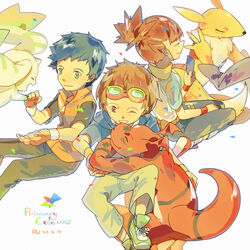  2boys 2girls animal_nose black_pants blue_card blue_hair blue_hoodie body_fur brown_eyes brown_hair brown_pants brown_shirt card closed_eyes closed_mouth commentary dated denim digimon digimon_(creature) digimon_tamers digital_hazard english_commentary english_text furry furry_female goggles goggles_on_head green_eyes green_footwear guilmon highres holding holding_card hood hood_down hoodie jeans lee_jianliang looking_at_another makino_ruki matsuda_takato mixed-language_commentary multiple_boys multiple_girls one_eye_closed open_mouth orange_vest pants raglan_sleeves reach_(rrrui) red_footwear renamon shirt shoes short_hair short_sleeves simple_background sitting smile sneakers terriermon two-tone_fur vest white_background white_fur wristband yellow_fur zipper 