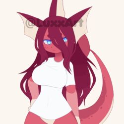  1:1 animated anthro anthrofied big_breasts blue_eyes breasts clothing distracting_watermark eeveelution female generation_1_pokemon hair luxx nintendo pokemon pokemon_(species) pokemorph red_body red_hair red_skin shirt short_playtime solo topwear vaporeon vappy_(luxx) watermark white_clothing white_shirt white_topwear 