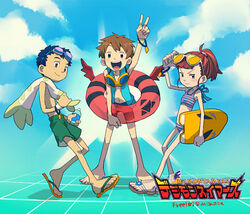  2boys barefoot brown_hair cloud cloudy_sky digimon digimon_tamers female goggles goggles_on_head lee_jianliang lolicon makino_ruki matsuda_takato multiple_boys open_mouth sky smile sunglasses t_k_g teeth toes v 