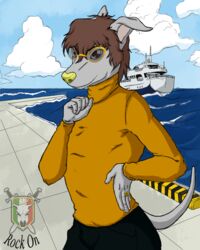  anthro brown_eyes brown_hair canid canine canis clothed clothing detailed_background domestic_dog eyewear fur glasses grey_body grey_fur greyhound hair hand_on_hip hunting_dog jojo_pose looking_at_viewer male mammal ring rockonvelzmor sea sighthound solo sweater topwear water yellow_nose 