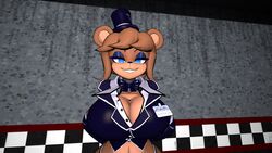  16:9 2023 3d_(artwork) bear big_breasts blue_eyes bow_tie breasts brown_body brown_hair cally3d cleavage clothed clothing costume digital_media_(artwork) female five_nights_at_freddy&#039;s freddy_(fnaf) fredina&#039;s_nightclub fredina_(cally3d) glistening_eyelids hair hat headgear headwear hi_res mammal midriff mtf_crossgender narrowed_eyes rule_63 scottgames smile top_hat widescreen 