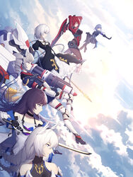  6+girls arms_behind_head arms_up black_gloves blue_eyes blue_hair braid breasts bronya_zaychik bronya_zaychik_(valkyrie_chariot) closed_mouth commentary_request drill_hair elbow_gloves expressionless from_side fu_hua fu_hua_(shadow_knight) gloves grey_eyes grey_hair highres holding holding_sword holding_weapon honkai_(series) honkai_impact_3rd kiana_kaslana kiana_kaslana_(knight_moonbeam) large_breasts long_hair multiple_girls murata_himeko murata_himeko_(scarlet_fusion) purple_hair raiden_mei raiden_mei_(striker_fulminata) red_eyes red_hair short_hair smile sword theresa_apocalypse theresa_apocalypse_(valkyrie_pledge) twin_braids twin_drills weapon white_hair youx 