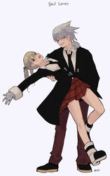  1boy arm_over_shoulder black_footwear black_necktie black_ribbon black_suit blonde_hair blush commentary copyright_name dancing female formal gloves green_eyes grey_hair hair_between_eyes hair_ribbon highres korean_commentary long_hair maka_albarn necktie null_(skev7724) open_mouth pants parted_lips plaid plaid_skirt red_eyes red_pants red_skirt ribbon sharp_teeth signature skirt smile soul_eater soul_evans spiked_hair suit teeth upper_teeth_only white_gloves 