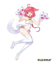  ;d ahoge animal_hands armpits arms_up babydoll bare_shoulders bell cat_lingerie cat_tail closers collar commentary_request female frills full_body gloves hair_flaps halterneck highres jingle_bell korean_commentary long_hair looking_at_viewer low_ponytail meme_attire navel official_art one_eye_closed open_mouth panties paw_gloves red_eyes red_hair seth_(closers) sharp_teeth slit_pupils smile solo stomach tail teeth thighhighs thighs toeless_legwear underwear white_panties white_thighhighs 