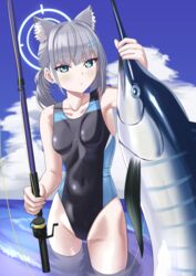  absurdres animal_ear_fluff animal_ears black_one-piece_swimsuit blue_archive blue_eyes blue_sky breasts cloud competition_swimsuit covered_navel cross_hair_ornament daiz1213 day extra_ears female fish fishing_rod grey_hair hair_ornament halo highres looking_at_viewer low_ponytail marlin_(fish) medium_hair mismatched_pupils multicolored_clothes multicolored_swimsuit official_alternate_costume one-piece_swimsuit outdoors shiroko_(blue_archive) shiroko_(swimsuit)_(blue_archive) sky small_breasts swimsuit swordfish wading water wolf_ears 