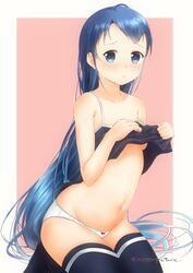  artist_name bare_arms bare_shoulders blue_eyes blue_hair blue_thighhighs blush bow bow_panties breasts camisole camisole_lift clothes_lift collarbone commentary_request female kantai_collection long_hair looking_at_viewer mae_(maesanpicture) navel panties samidare_(kancolle) seiza simple_background sitting small_breasts solo swept_bangs thighhighs underwear underwear_only very_long_hair white_panties 