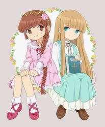  2girls artist_name blonde_hair blue_dress blue_eyes blunt_bangs book braid brown_eyes brown_footwear brown_hair dress flower hair_flower hair_ornament highres invisible_chair jewelry juju_coo_shnamur kukuri_(mahoujin_guruguru) long_hair long_sleeves mahoujin_guruguru multiple_girls necklace pink_dress pink_footwear ponto1588 simple_background sitting smile very_long_hair 