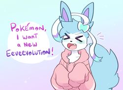  &gt;_&lt; anthro biped blue_body closed_eyes clothing dialogue eeveelution fangs generation_6_pokemon hi_res hoodie milk_the_sylveon_(toxicmilkyx) nintendo open_mouth oversized_clothing oversized_hoodie oversized_topwear pokemon pokemon_(species) shiny_pokemon simple_background solo speech_bubble sylveon teeth topwear toxicmilkyx trans_(lore) trans_man_(lore) white_body 